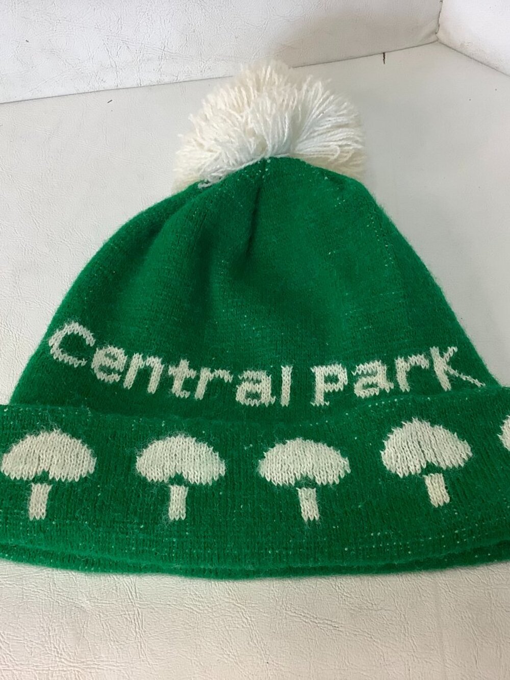 Vintage Central Park Green White Pom Pom Beanie Hat Adult Size